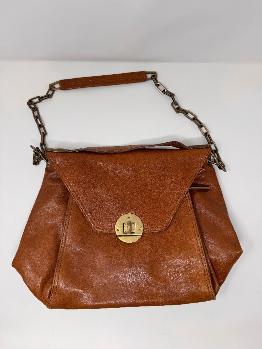 Vintage KOOBA Jonnie Cognac Leather Shoulder Bag Chain Strap Industrial 15"
